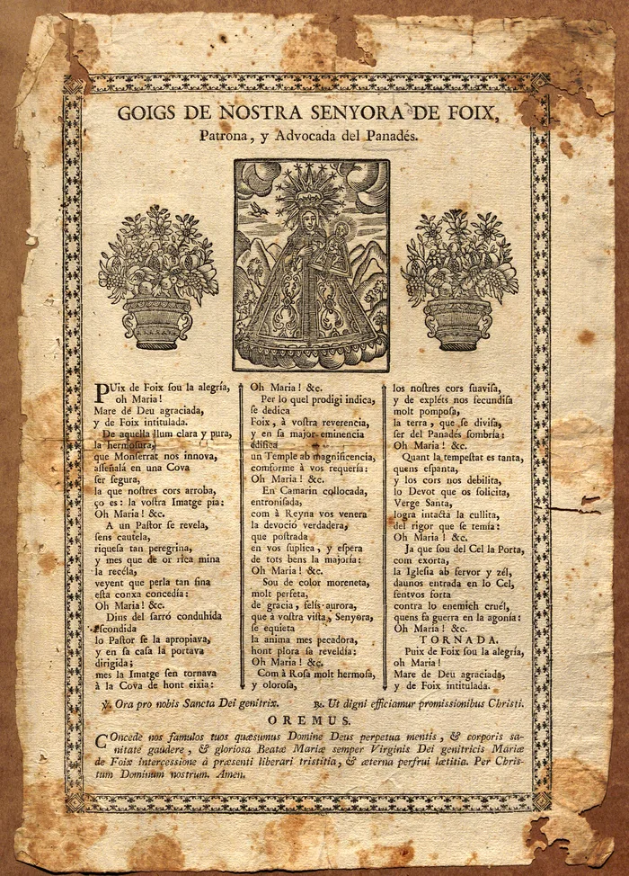 Full de goigs de la Mare de Déu de Foix, amb el gravat de la imatge