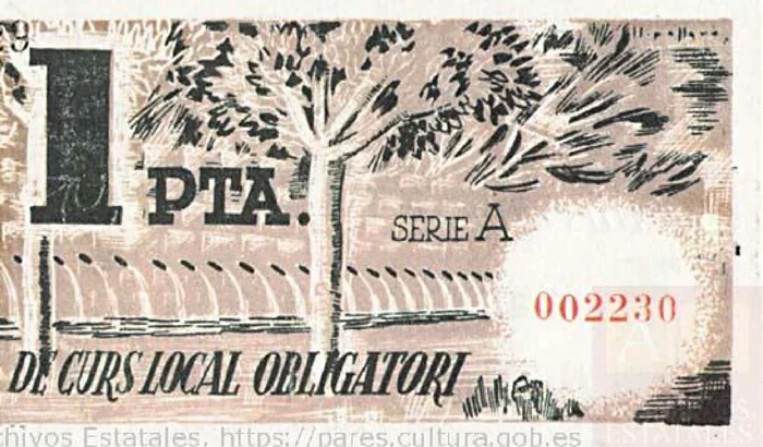 Revers d’un bitllet local d’una pesseta de 1937, amb una representació de les Dous
