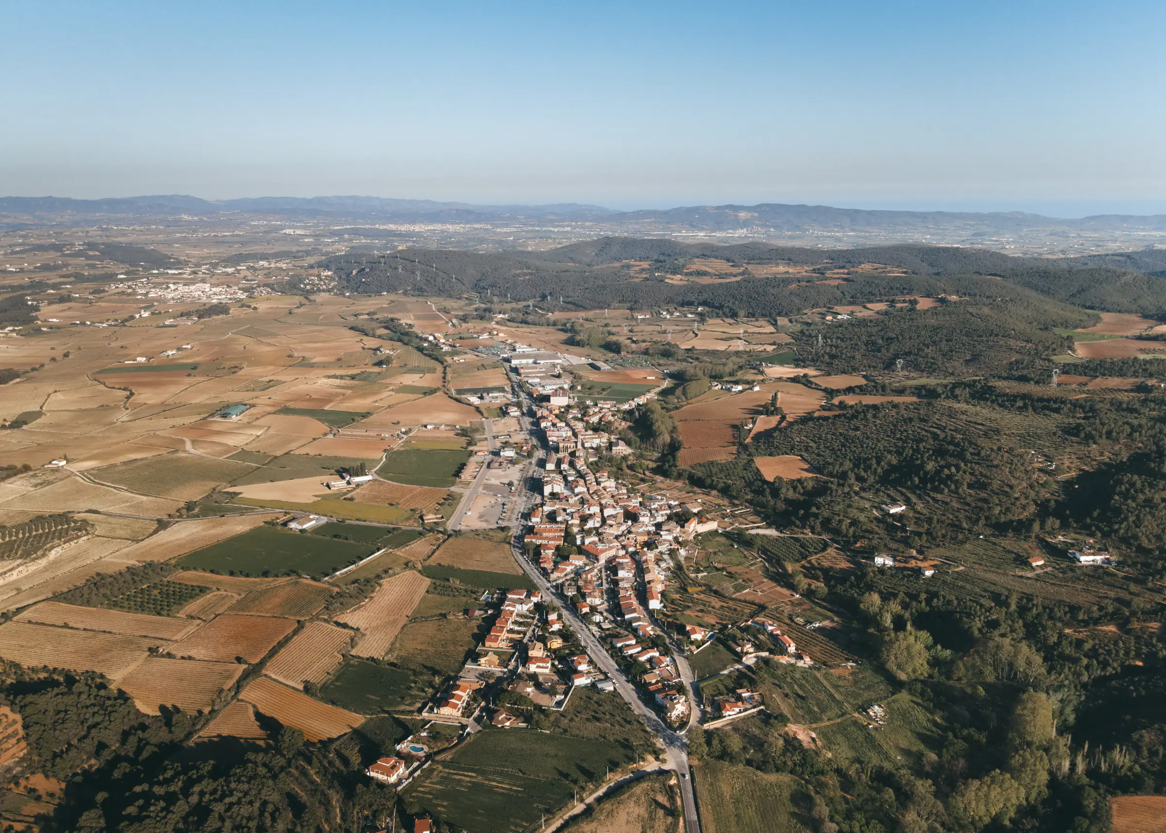 El poble de Torrelles de Foix des de l'aire, estirat al llarg de la carretera i envoltat de vinyes