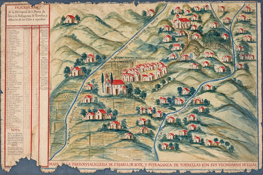 El mapa de la parròquia del segle XVIII, pintat a mà, amb les cases del terme dibuixades i numerades