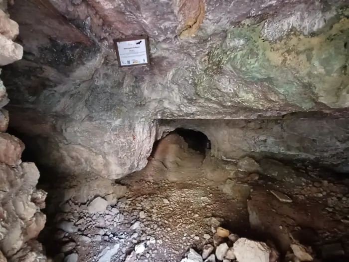 Per dins, amb el panell informatiu encara penjat. A les parets s'hi veuen les taques verdes i ocres del mineral: el color, per si sol, no permet identificar el mineral.