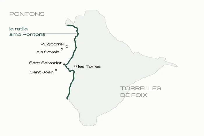El límit municipal actual i topònims que es poden relacionar amb la sentència de 1381. No és una restitució del traçat medieval ni la localització dels dotze mollons.