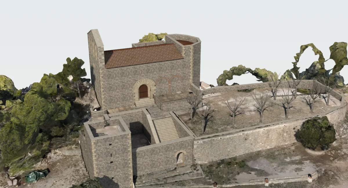 El model 3D del santuari de Foix: l’església, la torre, les muralles i l’esplanada damunt del turó