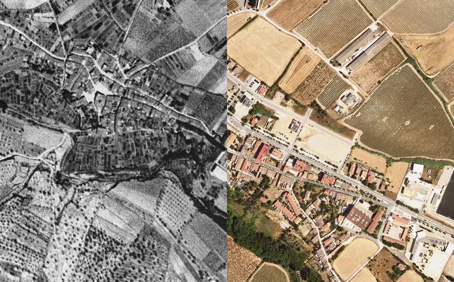 El poble des de l’aire, meitat el 1946 en blanc i negre i meitat avui en color