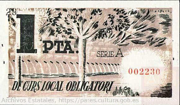 Reverso completo de un billete local de una peseta de 1937, con una representación de las Dous
